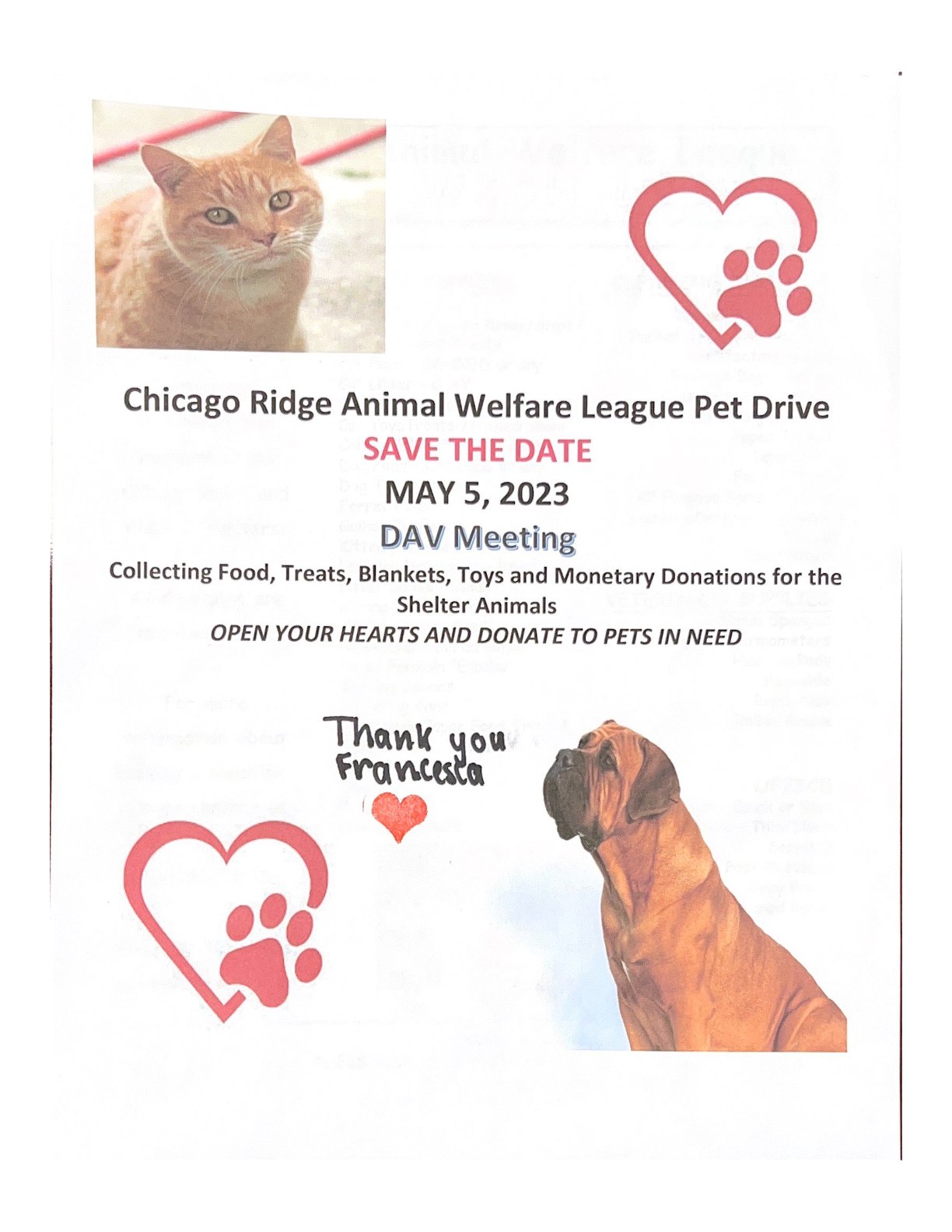 Chicago Ridge Animal Welfare League Pet Drive DAV 84